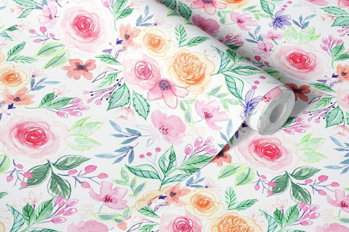 Watercolor flowers and leaves, pink, orange and bluewallpaper roll