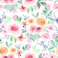 Watercolor flowers and leaves, pink, orange and blue behang