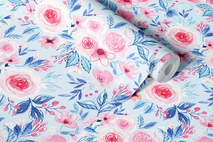 Watercolor flowers in pink and bluewallpaper roll