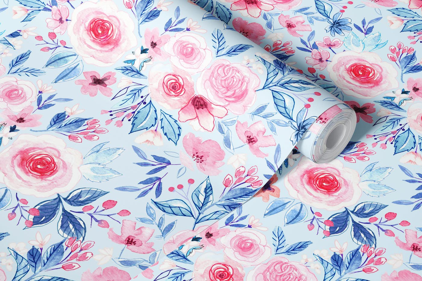 Watercolor flowers in pink and blue wallpaper roll