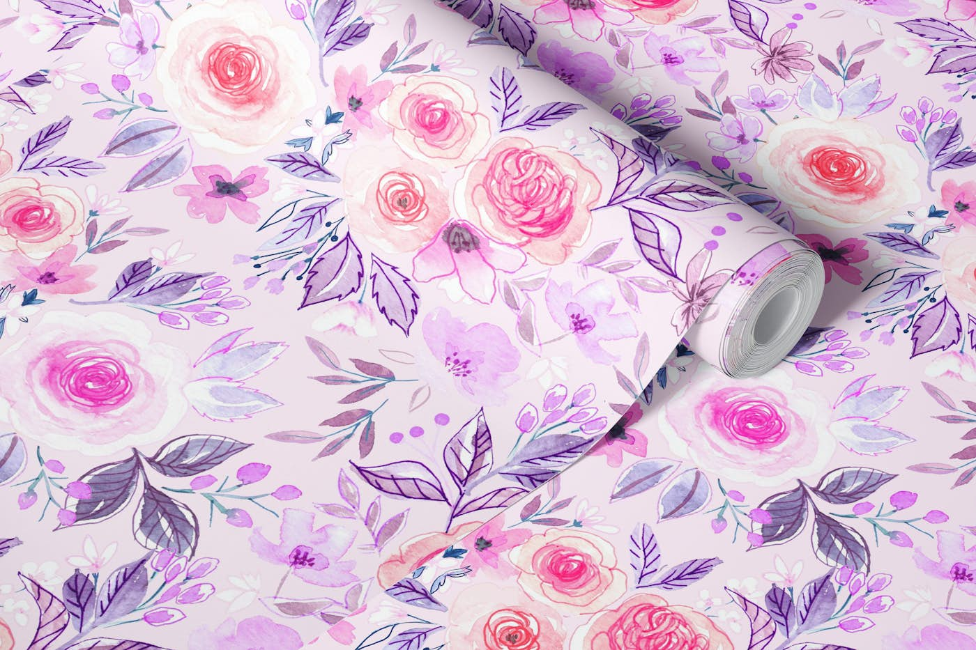 Watercolor flowers in pink and violet wallpaper roll