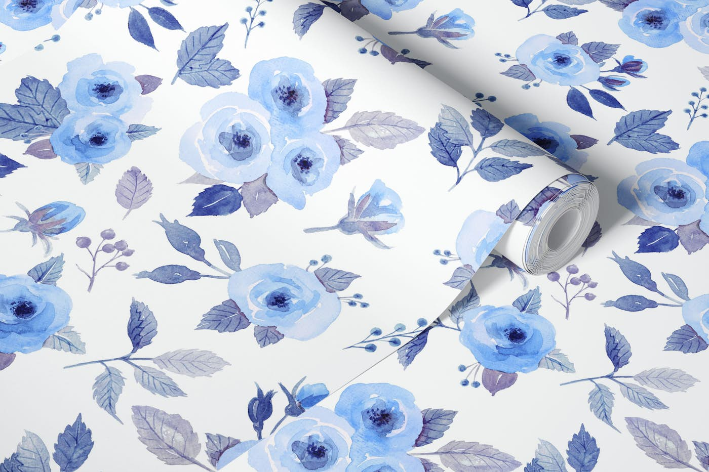 Loose watercolor roses in blue wallpaper roll