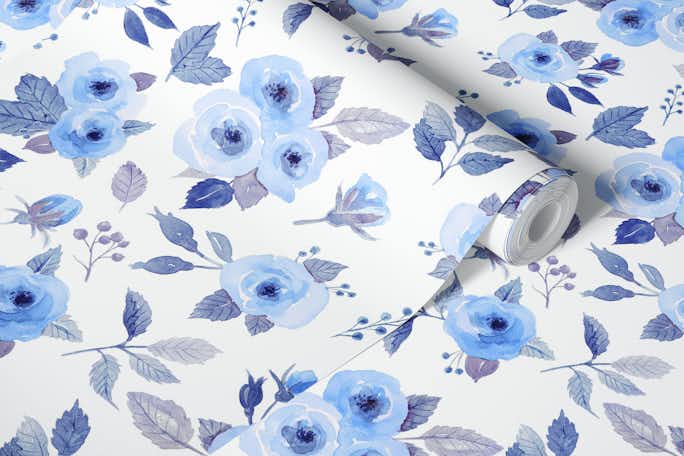 Loose watercolor roses in bluewallpaper roll