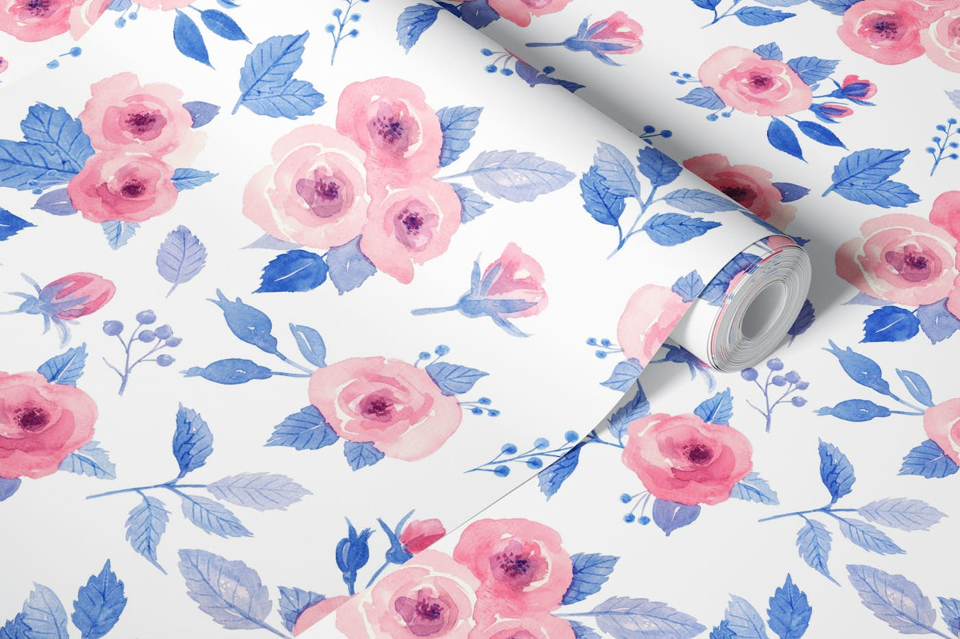 Loose watercolor roses in red and blue wallpaper roll