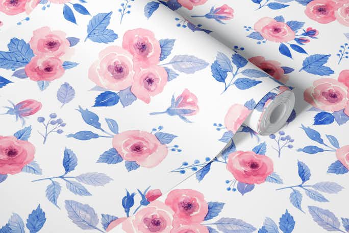Loose watercolor roses in red and bluewallpaper roll