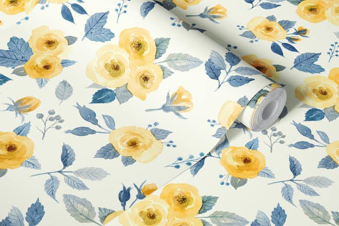 Loose watercolor roses in yellow and dark bluewallpaper roll