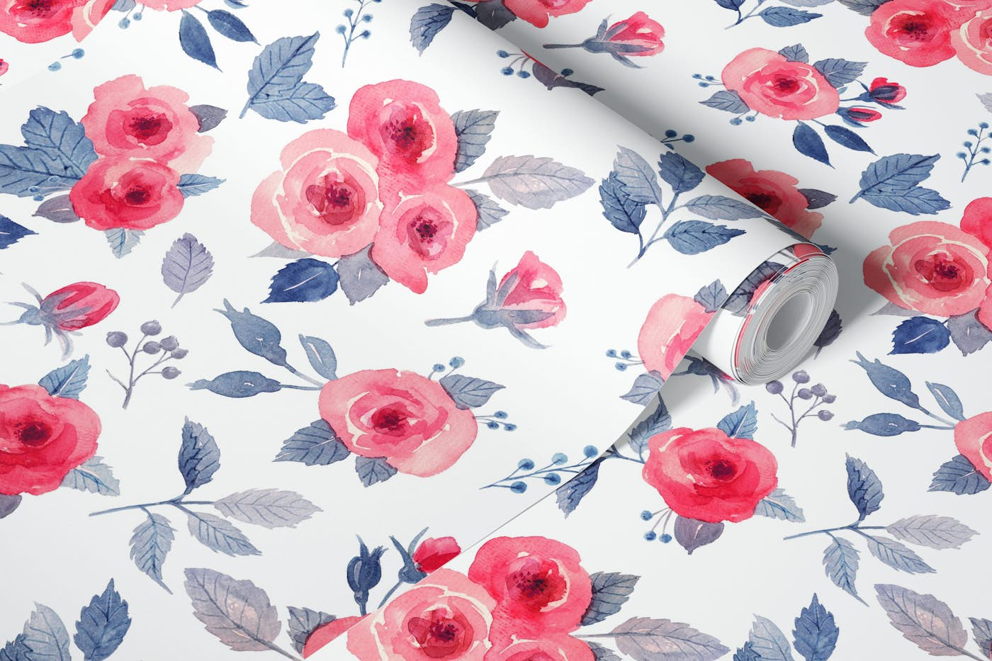 Loose watercolor roses in red and dark blue wallpaper roll