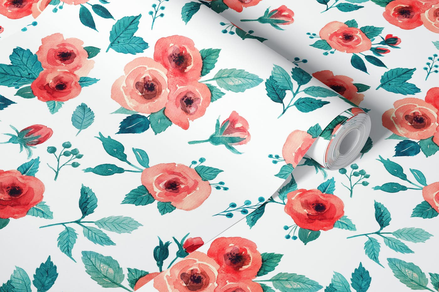 Loose watercolor roses in red and turquoise blue wallpaper roll