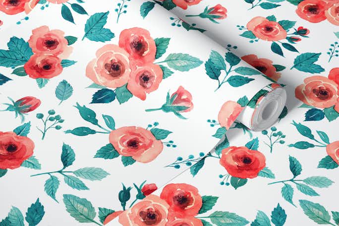 Loose watercolor roses in red and turquoise bluewallpaper roll