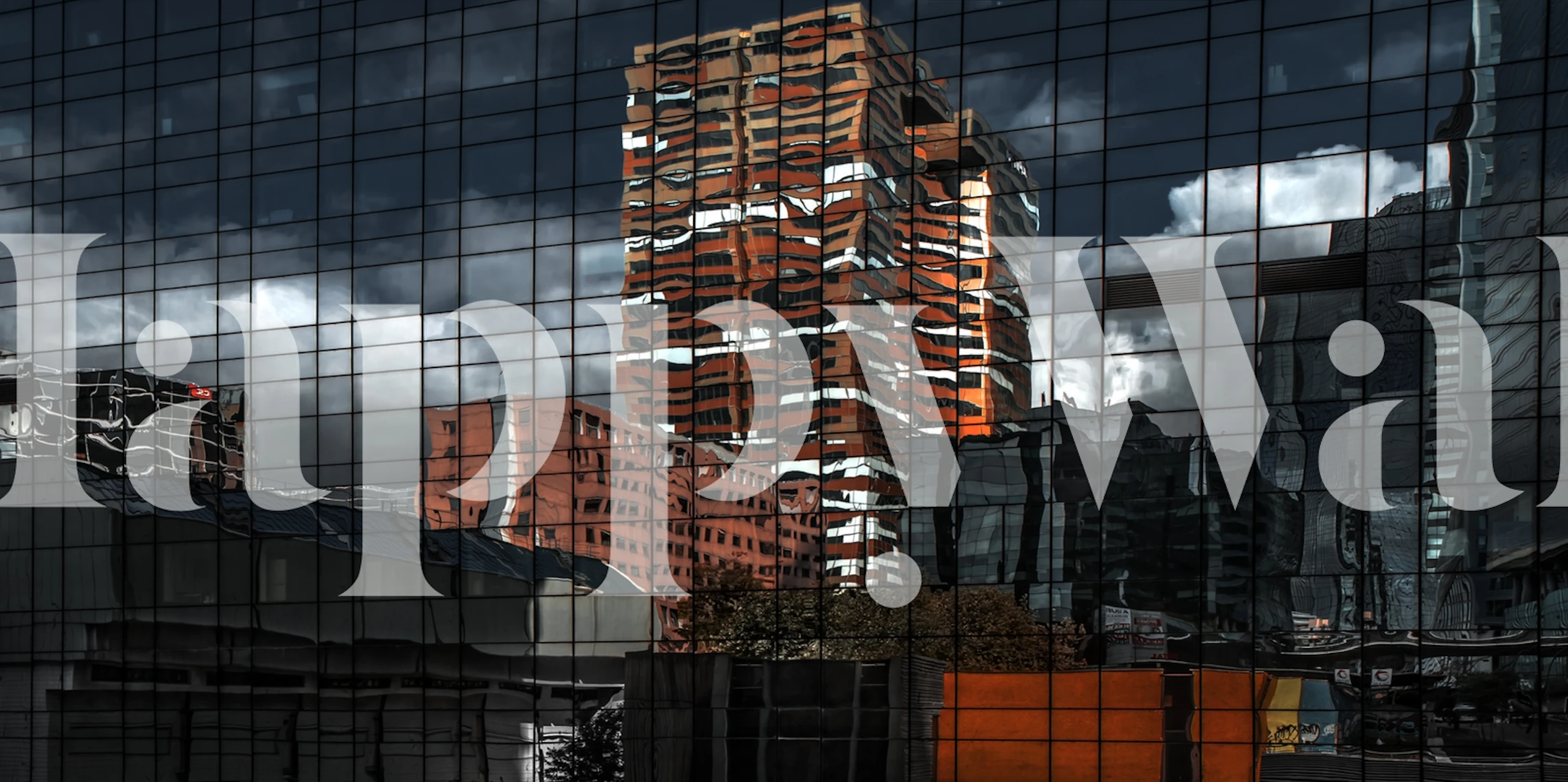 Abstract puzzelachtig stadsgezicht fotobehang met reflectie-effect