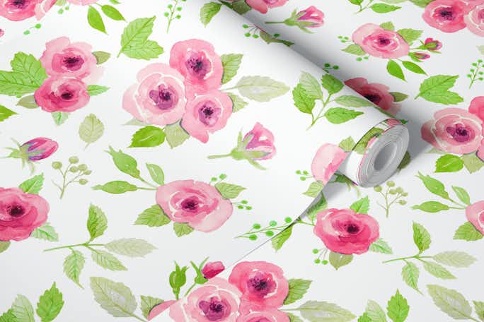 Loose watercolor roses in red and greenwallpaper roll