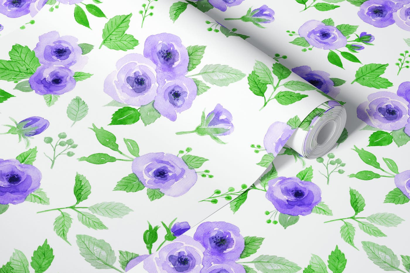 Loose watercolor roses in violet and green wallpaper roll