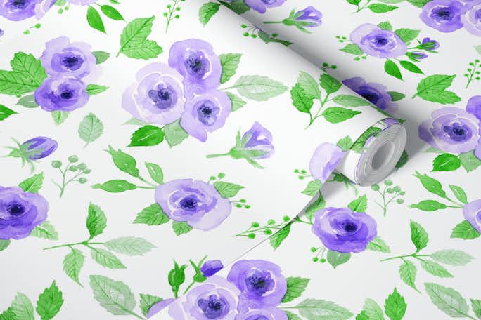 Loose watercolor roses in violet and greenwallpaper roll