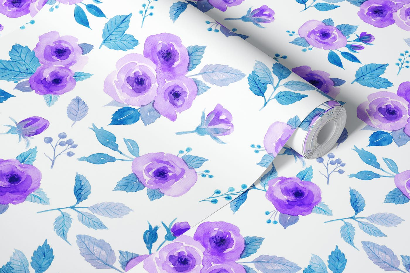 Loose watercolor roses in violet and blue wallpaper roll