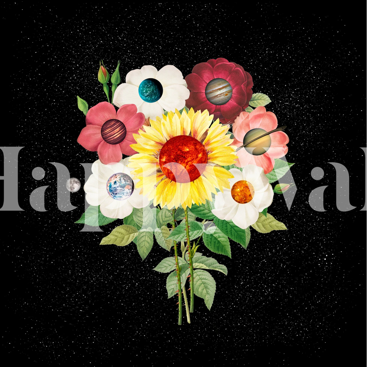 Kunstnerisk solsikke og planet vægmaleri på en stjerneklar baggrund