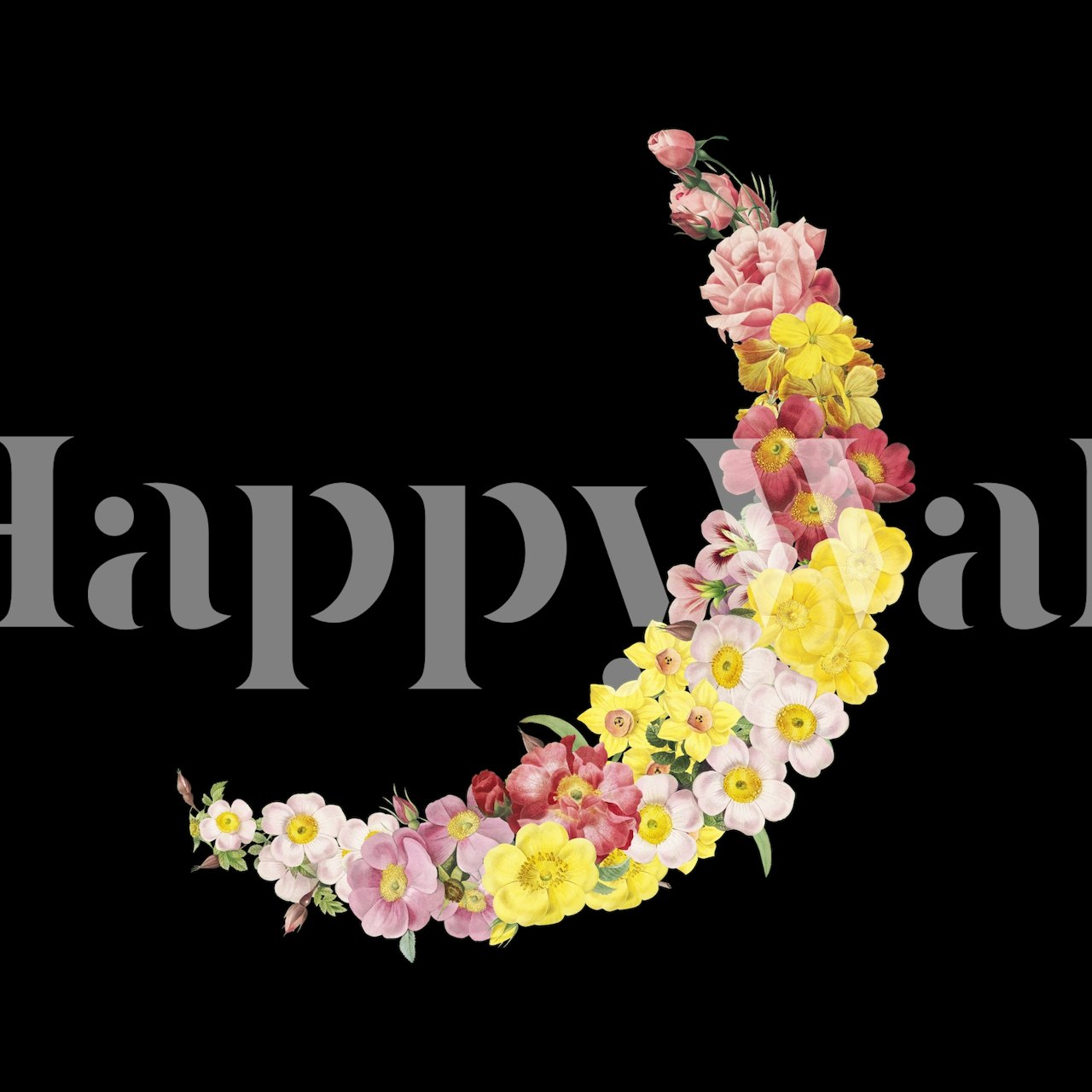 Floral crescent moon design with pink, yellow, and white flowers on a black background wallpaper