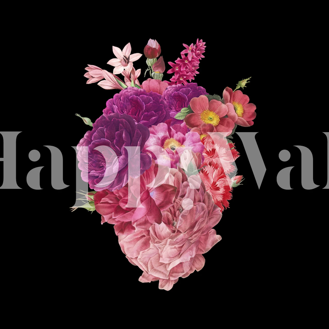 Heart-shaped floral arrangement with pink flowers on black wallpaper