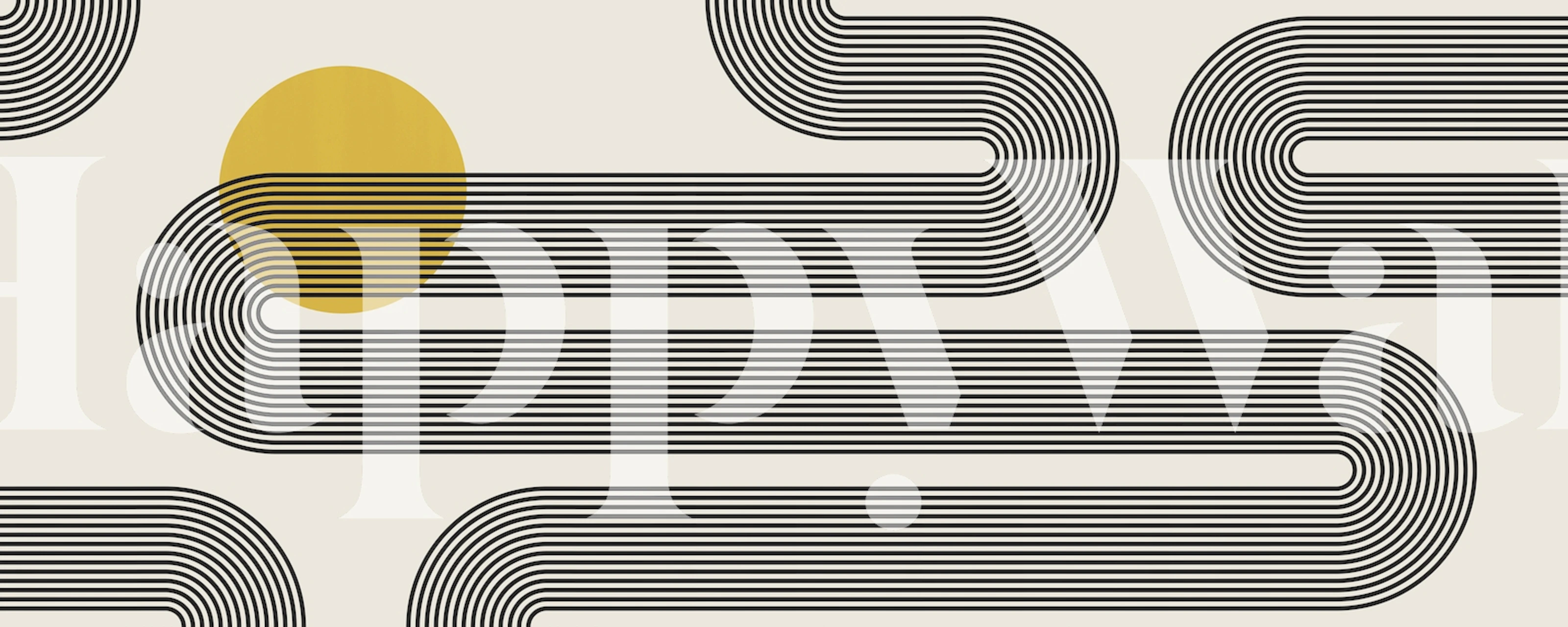 Geometric black lines with yellow circles on beige wallpaper