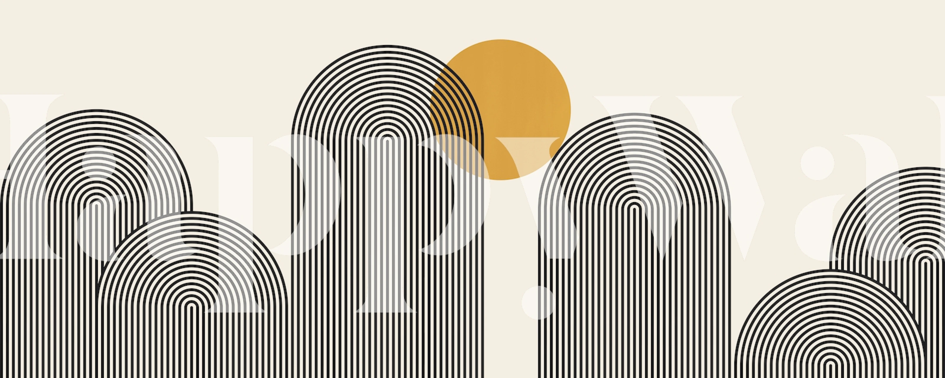 Abstrakti vuorijonon seinämaalaus, jossa on geometrisia viivoja ja ympyröitä pastellivärimaailmassa