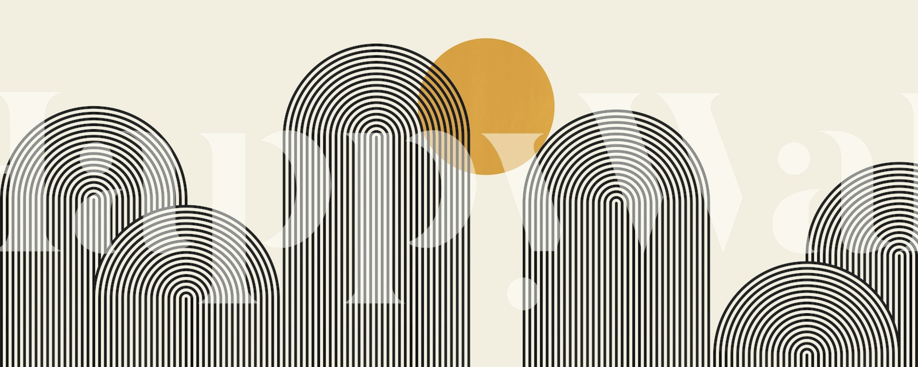 Abstract mountain range wall mural with geometric lines and circles in a pastel color scheme