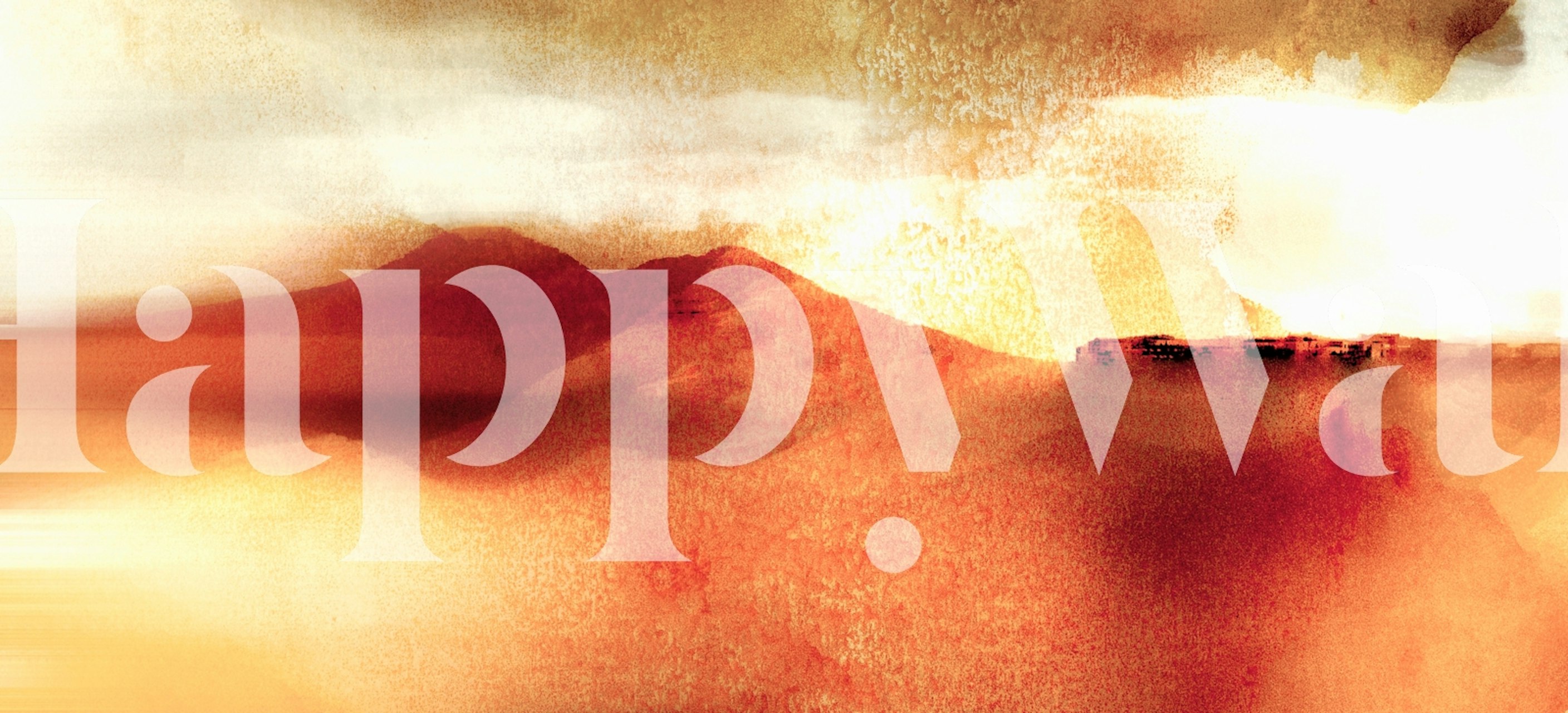 Mural de parede em estilo grunge em tons quentes representando paisagens montanhosas japonesas abstratas para decoração de interiores.