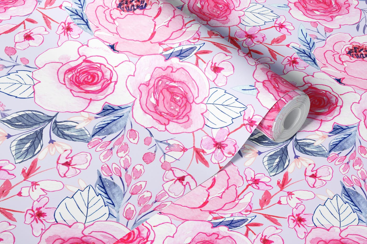 Spring bouquet in pink and blue wallpaper roll