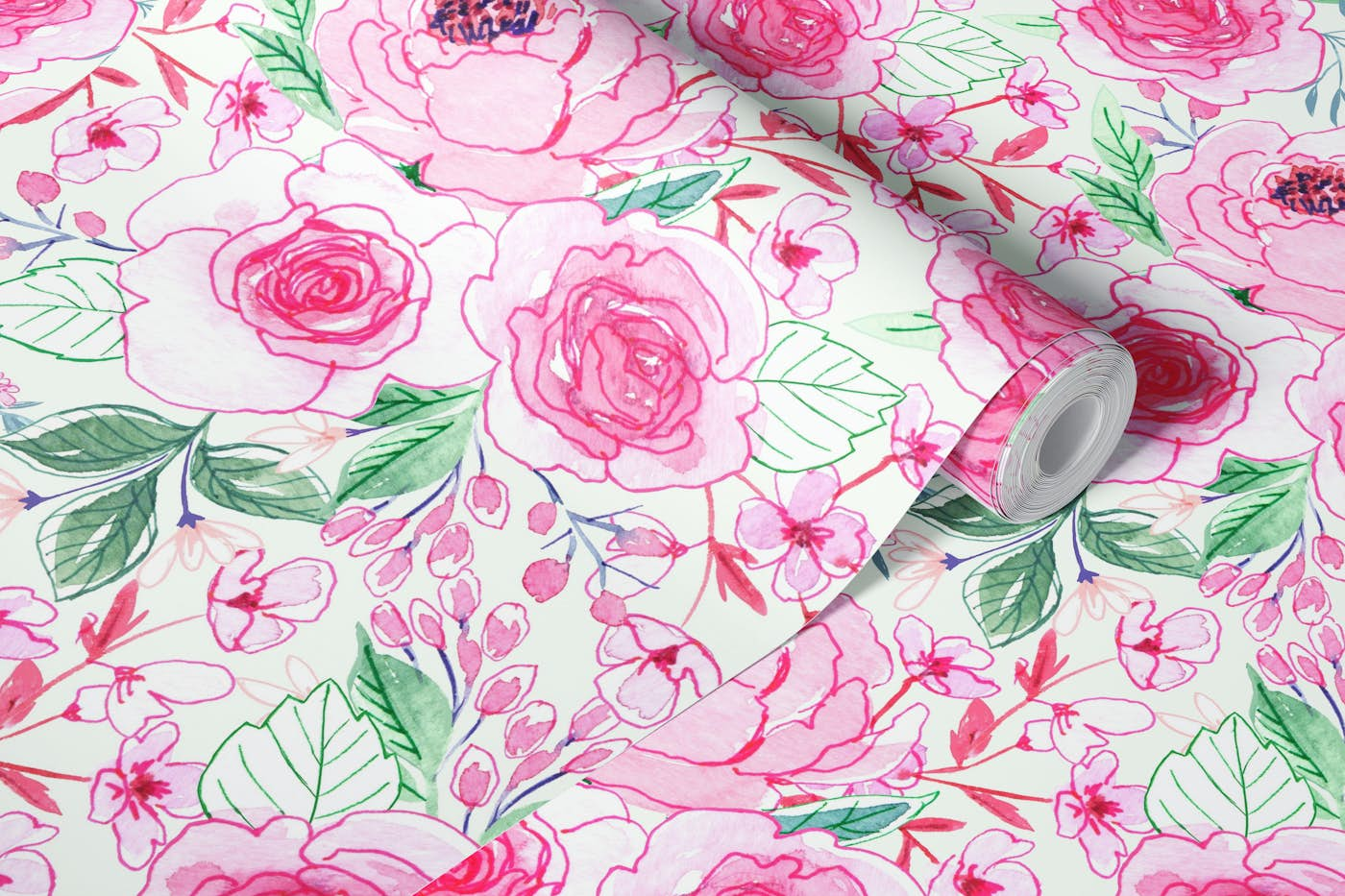 Spring bouquet in pink and green wallpaper roll