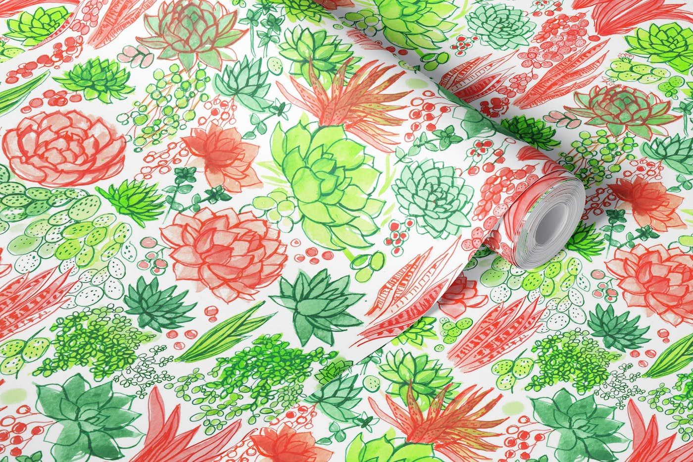 Succulents and cacti in red and green wallpaper roll