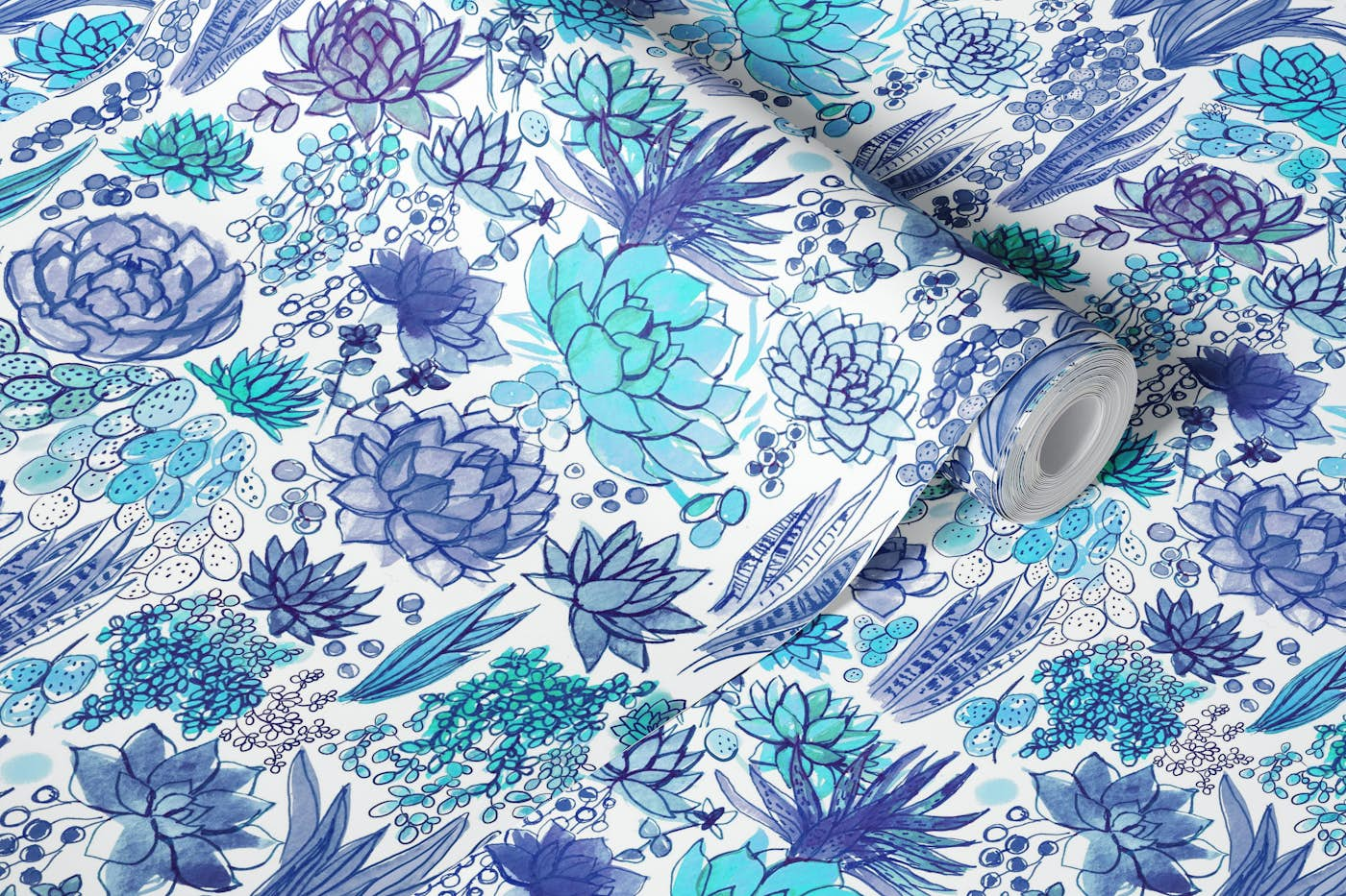 Succulents and cacti in blue wallpaper roll