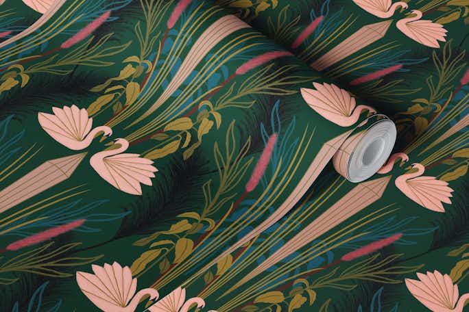 Pink Deco Swans - Patternwallpaper roll