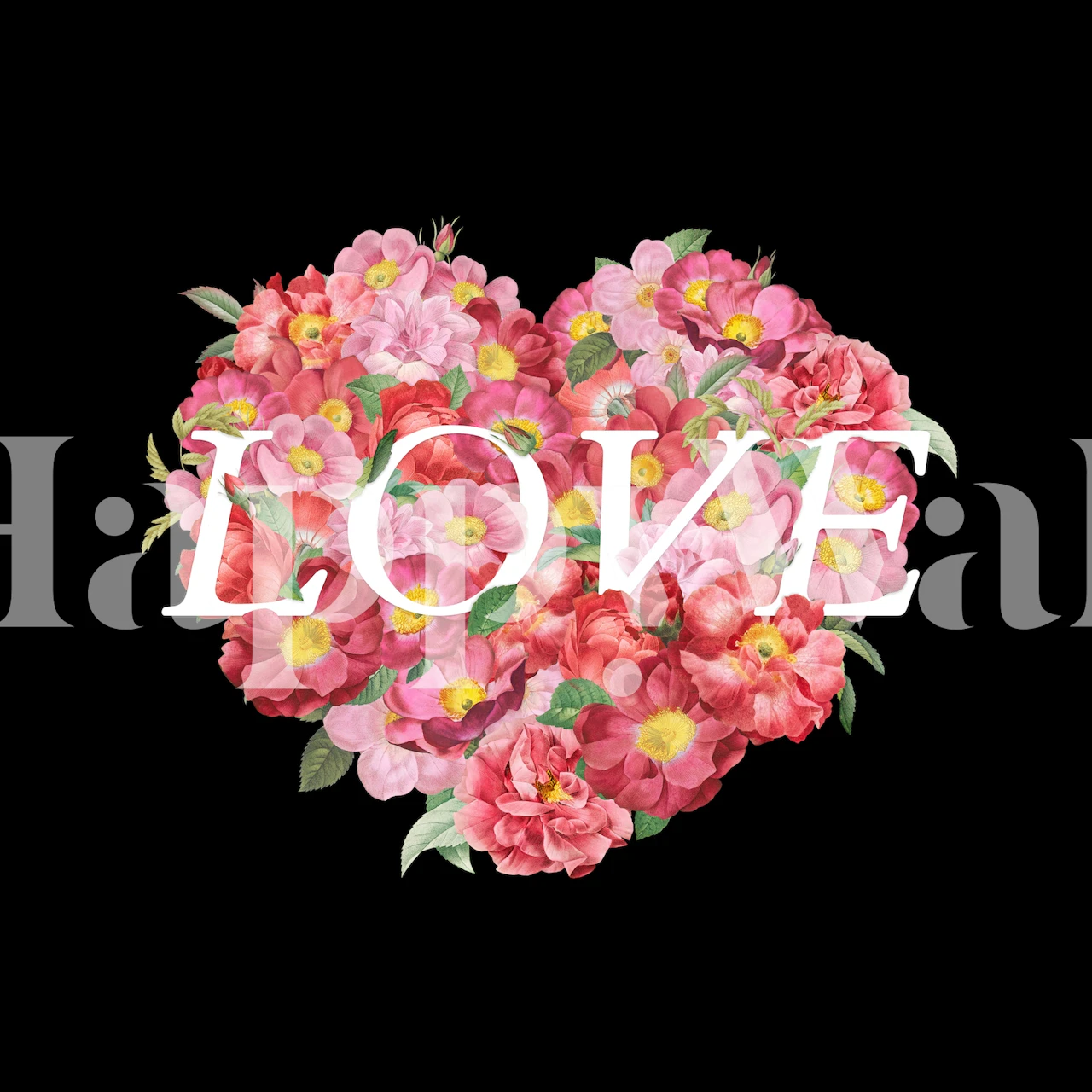 Pink floral heart wallpaper with roses on a black background