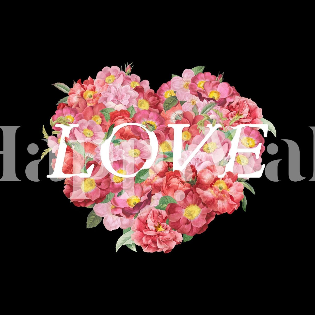 Pink floral heart wallpaper with roses on a black background