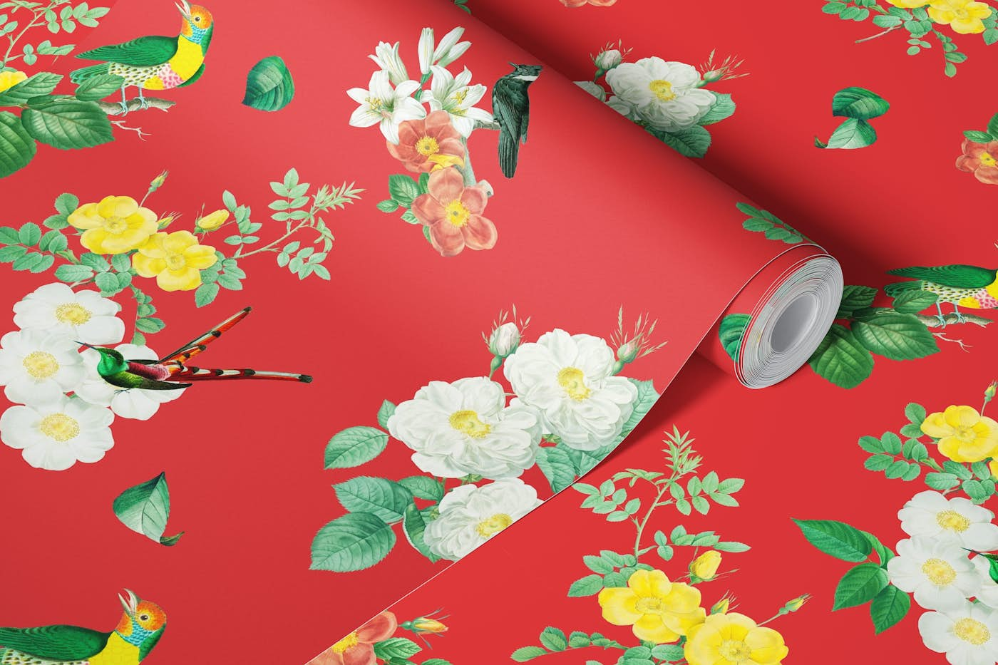 Tropical Bird Garden Red wallpaper roll