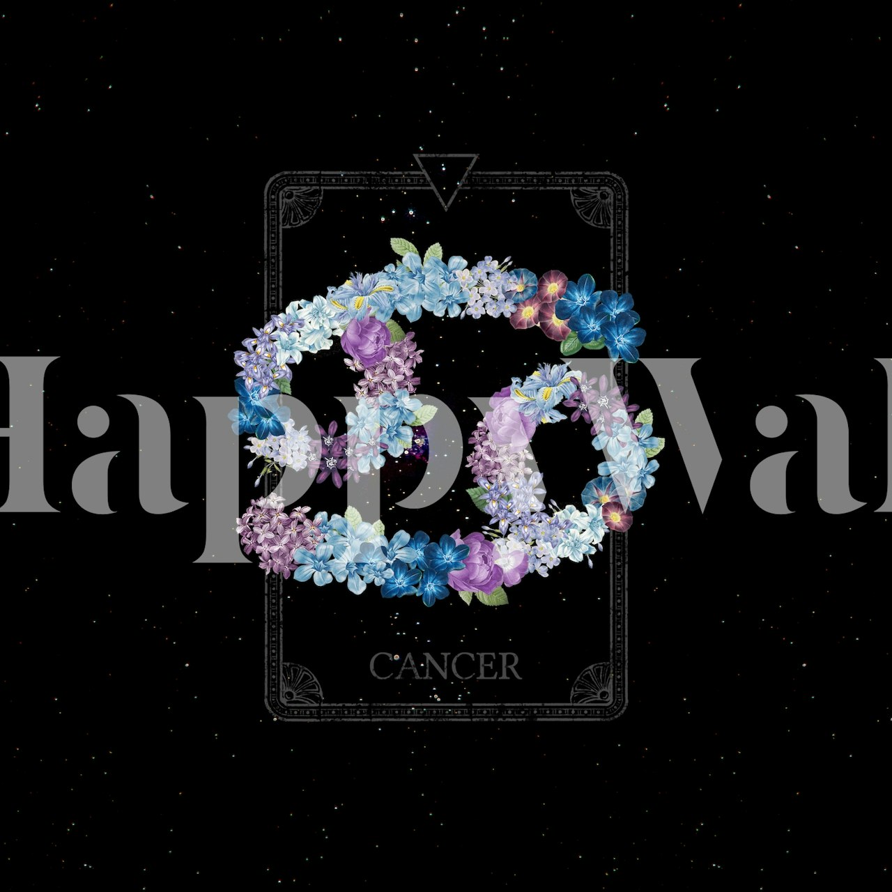 Floral Zodiac Sign in blue and purple colors on black background wall mural