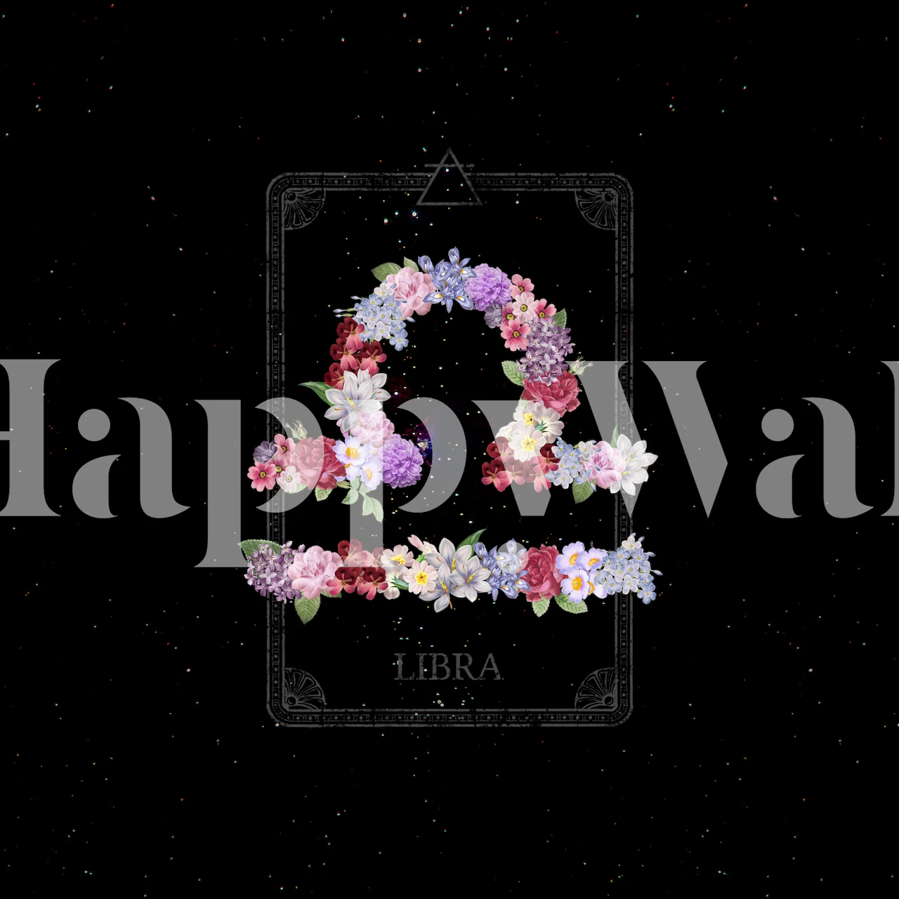 Florales Sternzeichen Waage-Wandbild mit Blumen und astrologischen Skalen auf einem Sternenhintergrund