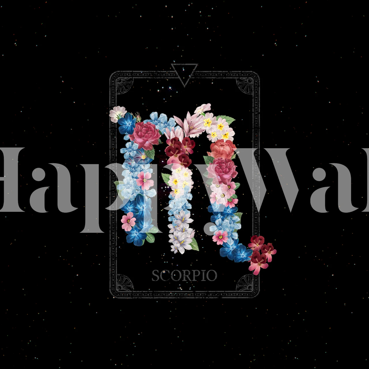 Scorpio symbol made of colorful flowers on a black background wallpaper