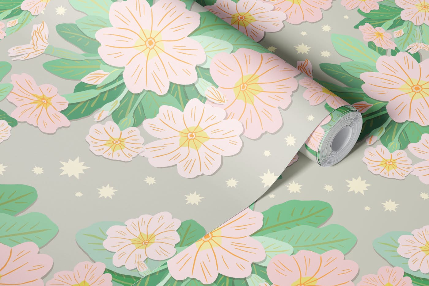 Pink Primrose and Stars Pattern wallpaper roll