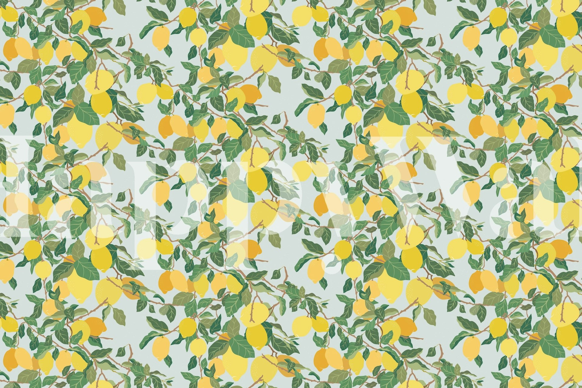 Bright lemon tree illustration on a blue background wall mural