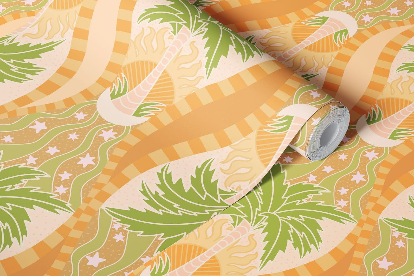 Palm Trees Calm Seas Orange Pattern wallpaper roll