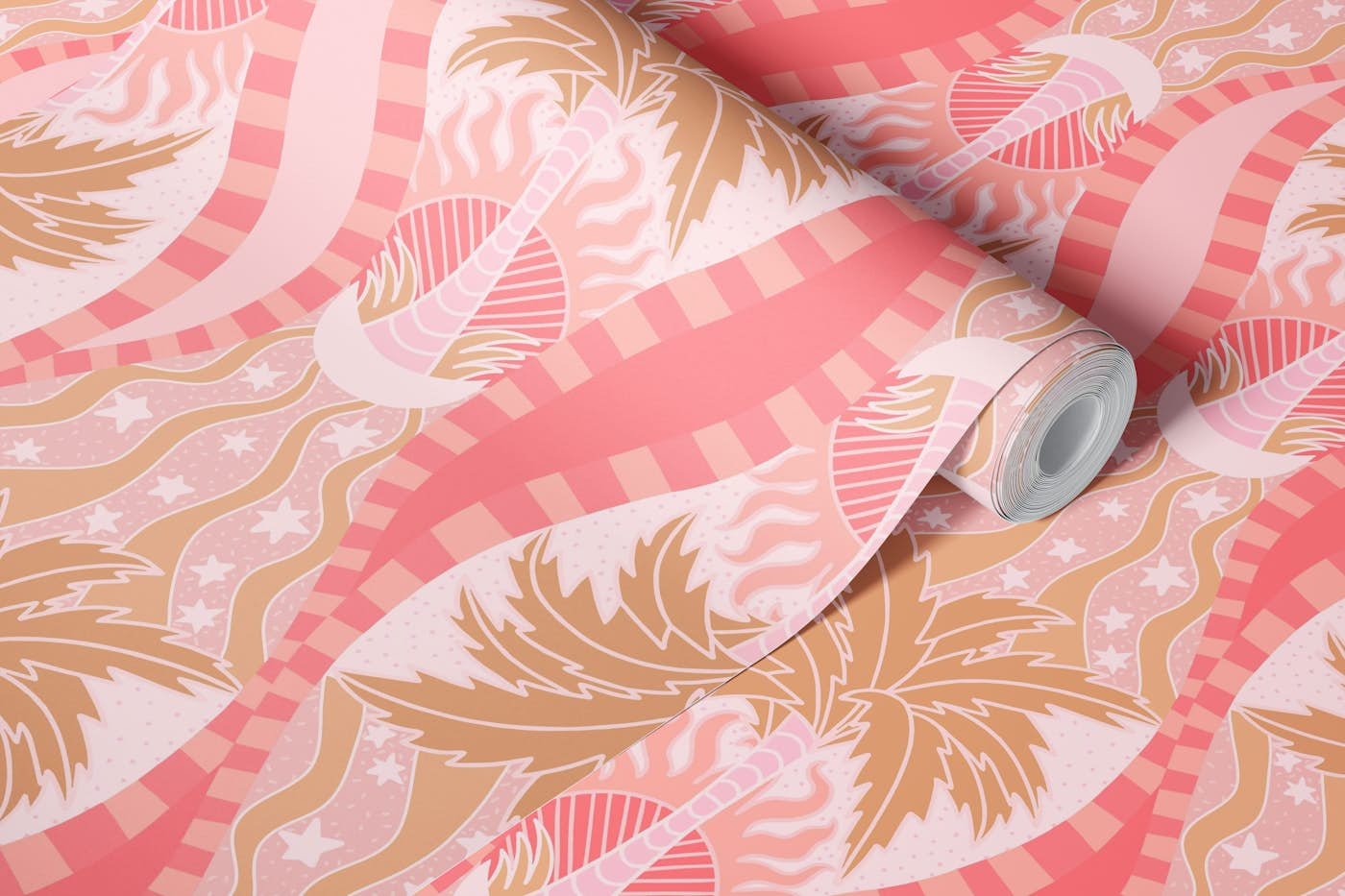 Palm Trees Calm Seas Pink Pattern wallpaper roll