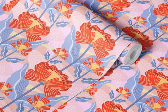 Water Lilies Pattern Red Patternwallpaper roll