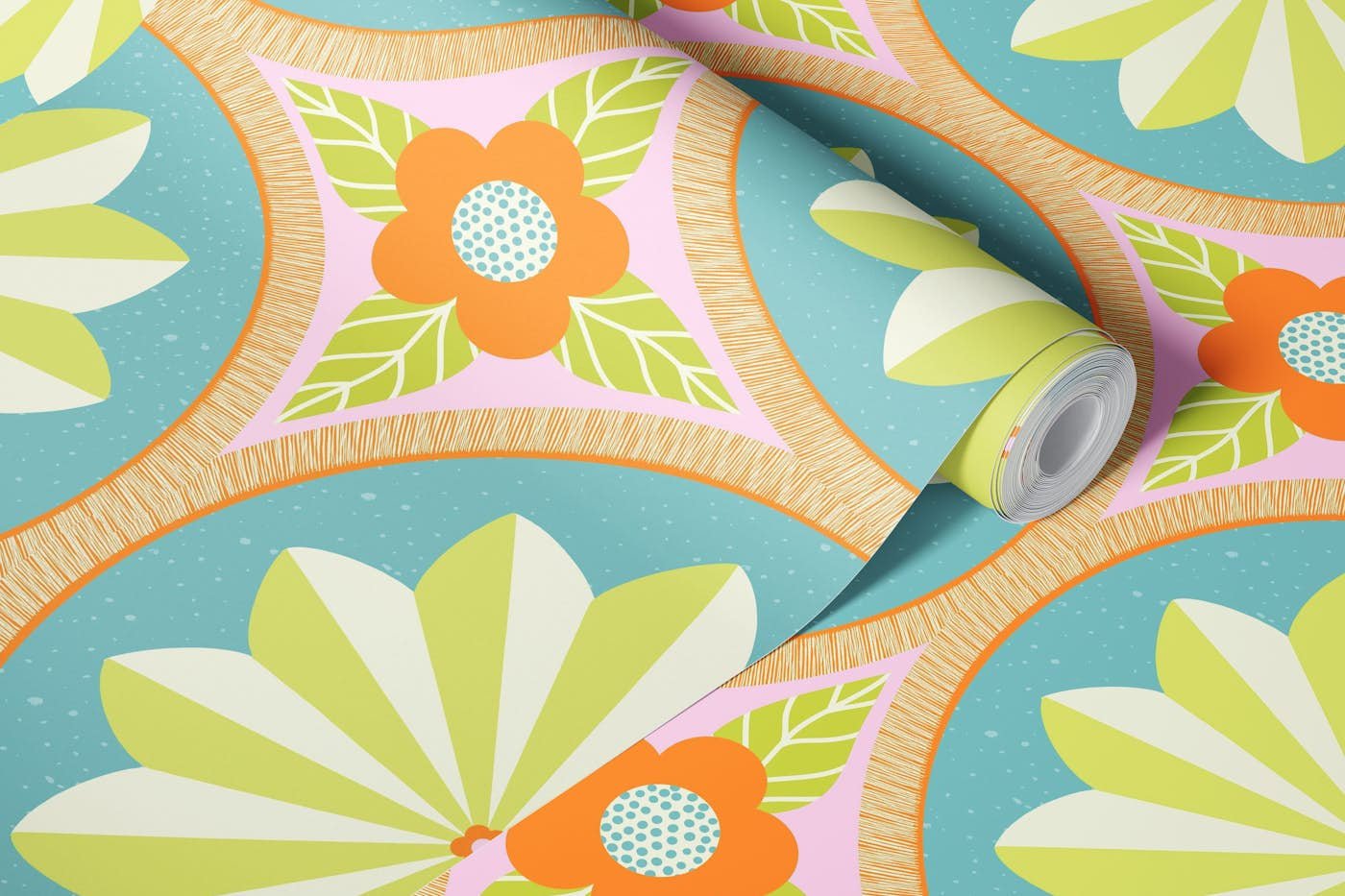 Pinwheel Pattern Orange Blue Green wallpaper roll