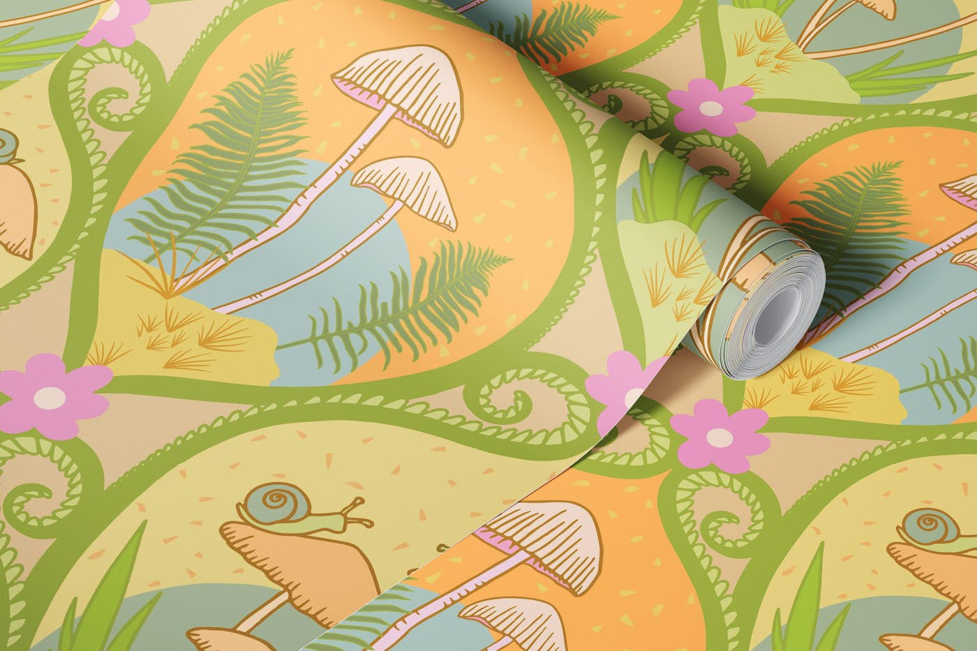 Mushrooms and Snails Pattern wallpaper roll