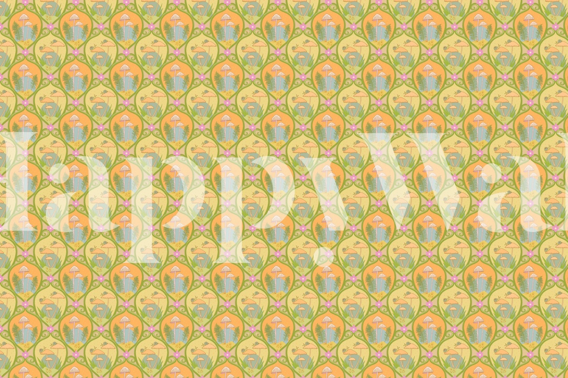 Illustrativ tapet av sopp og snegler i et gjentakende mønster som gir en magisk skogstemning.