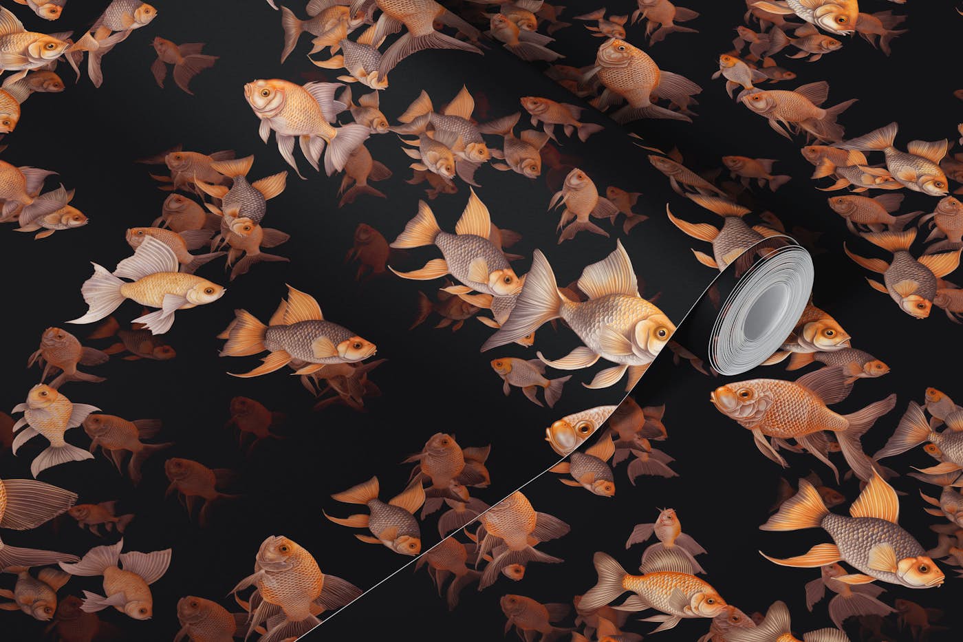 School of goldfish black background wallpaper roll