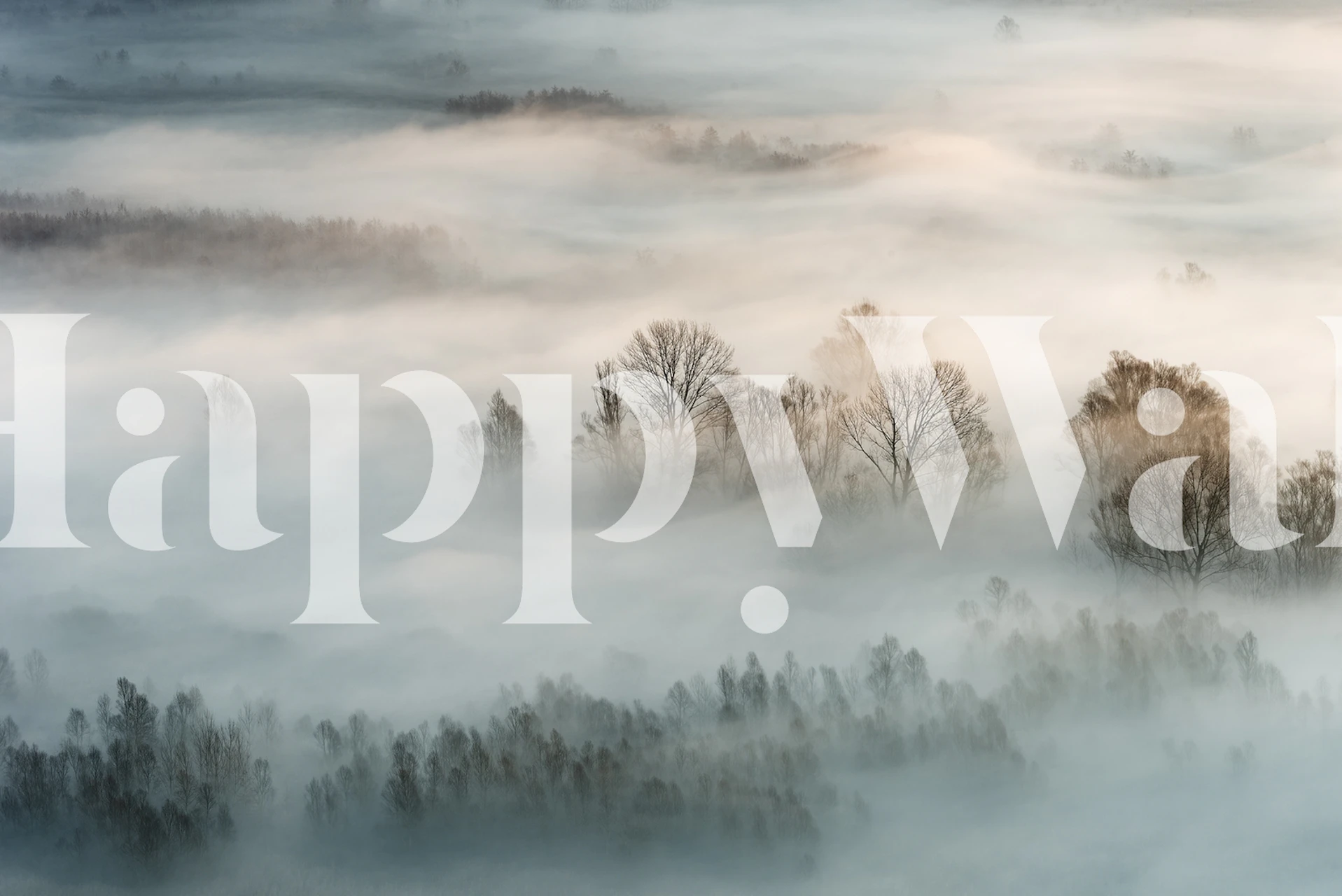 Misty landscape with trees and fog in muted tones wallpaper