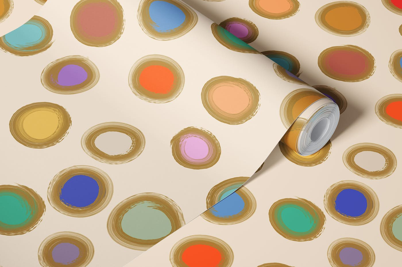 Painted Dots with Gold Outline on Cream Pattern wallpaper roll