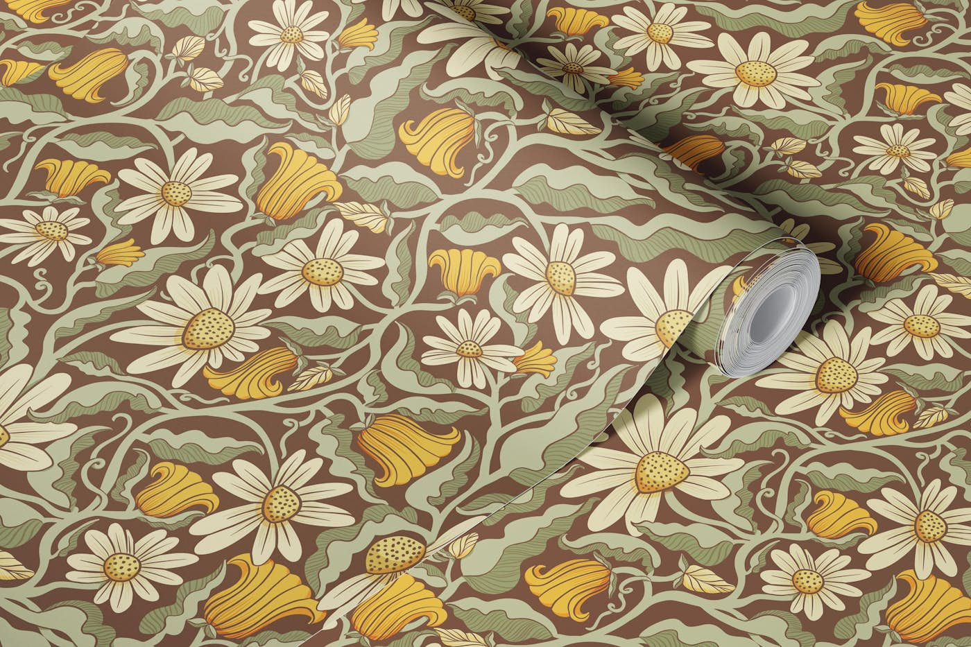 Climbing Flowers on Coffee Brown Pattern wallpaper roll