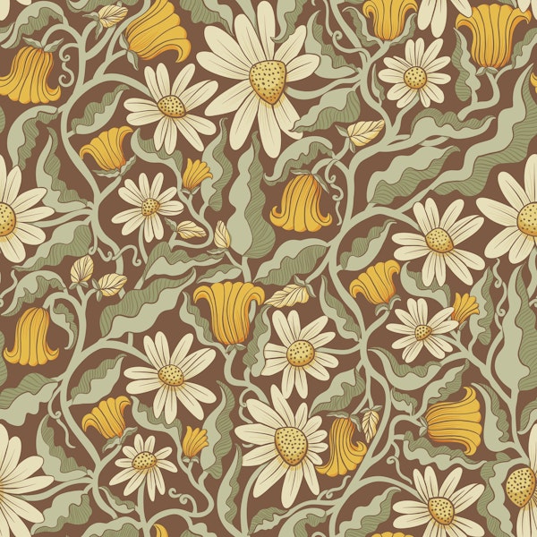 Climbing Flowers on Coffee Brown Pattern