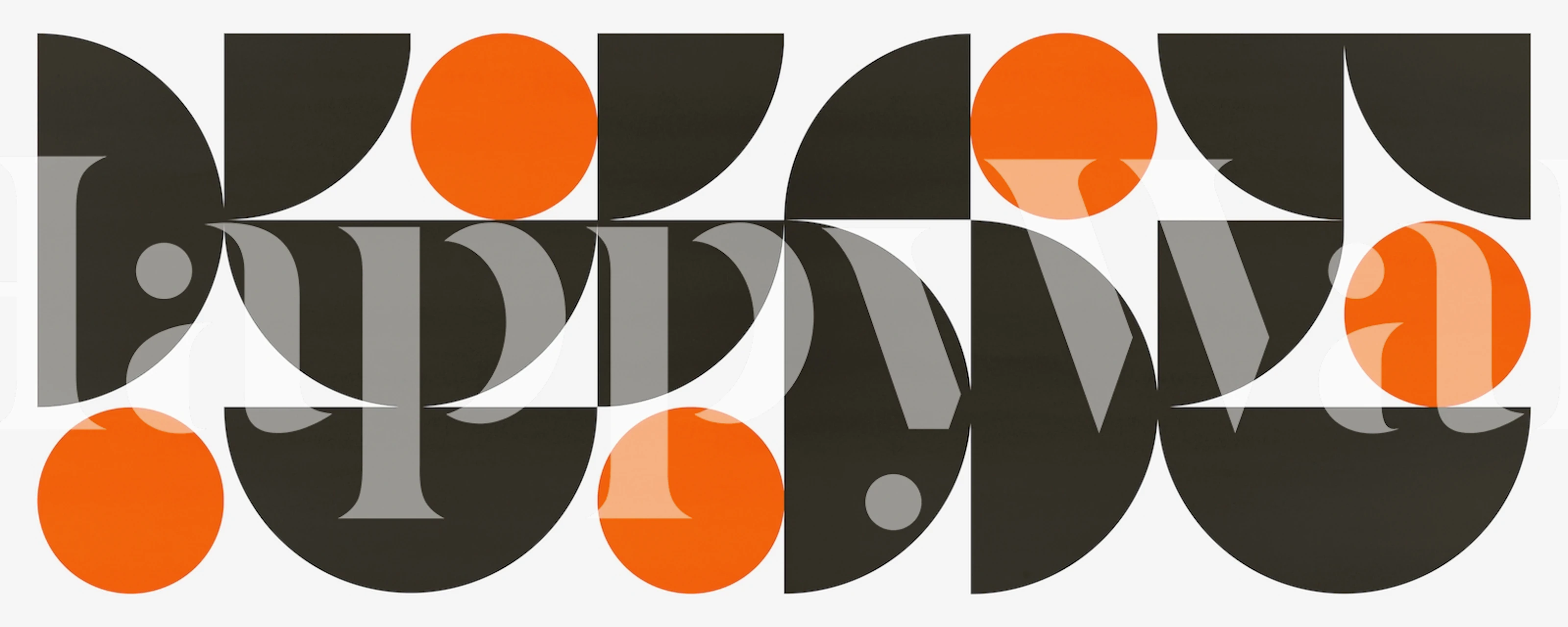 Abstrakti geometrinen seinämaalaus ympyröillä mustina, valkoisina ja oransseina